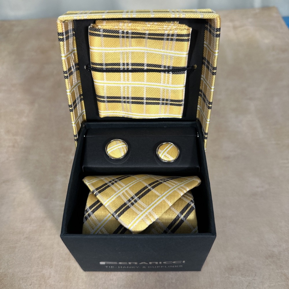 Feraricci Tie Hanky and Cufflinks New In The Box. Yellow‎ Gingham Pattern Men's